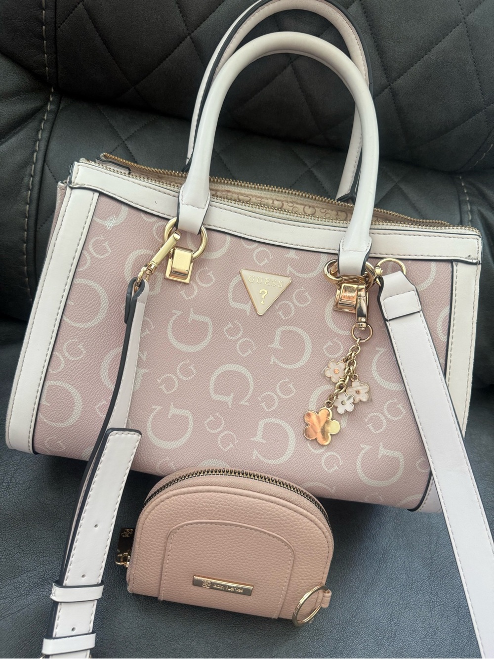 GUESS Pink and White Logo Satchel with Gold Hardware